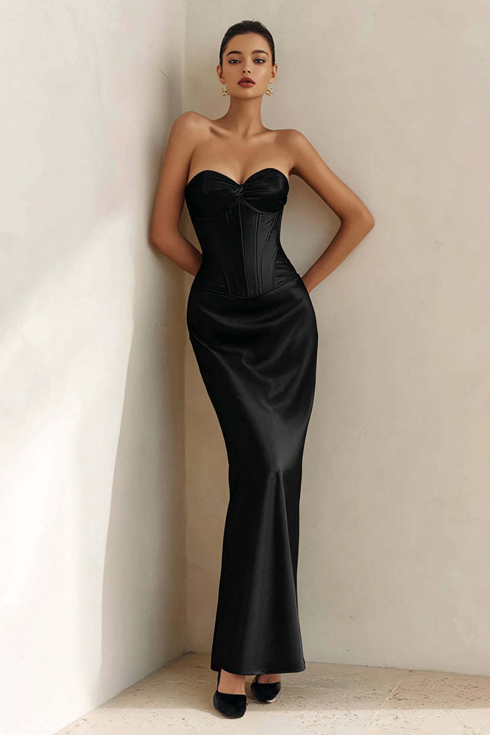 Suzhoufashion Black Corset Mermaid Sweetheart Long Satin Prom Dress