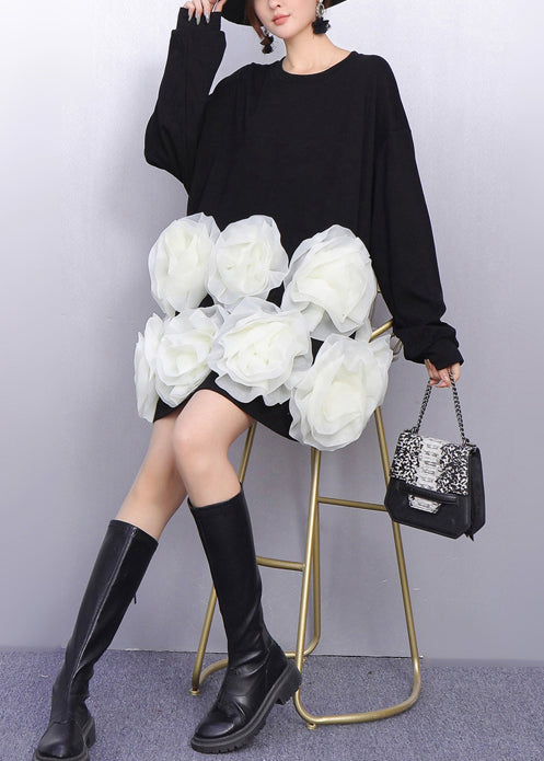 Black Floral Decorated Cotton Mid Dresses Oversized Spring