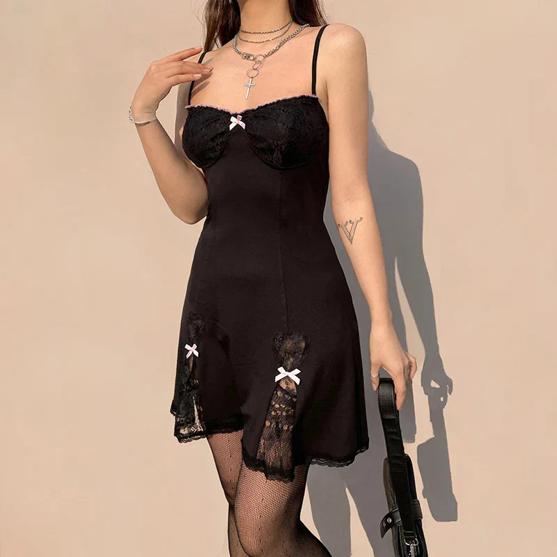 Black Gothic Lolita Style Lace Trim Sleeveless V Neck Bow Y2K Aesthetic Grunge Mini A-Line Dress - VelvetHem