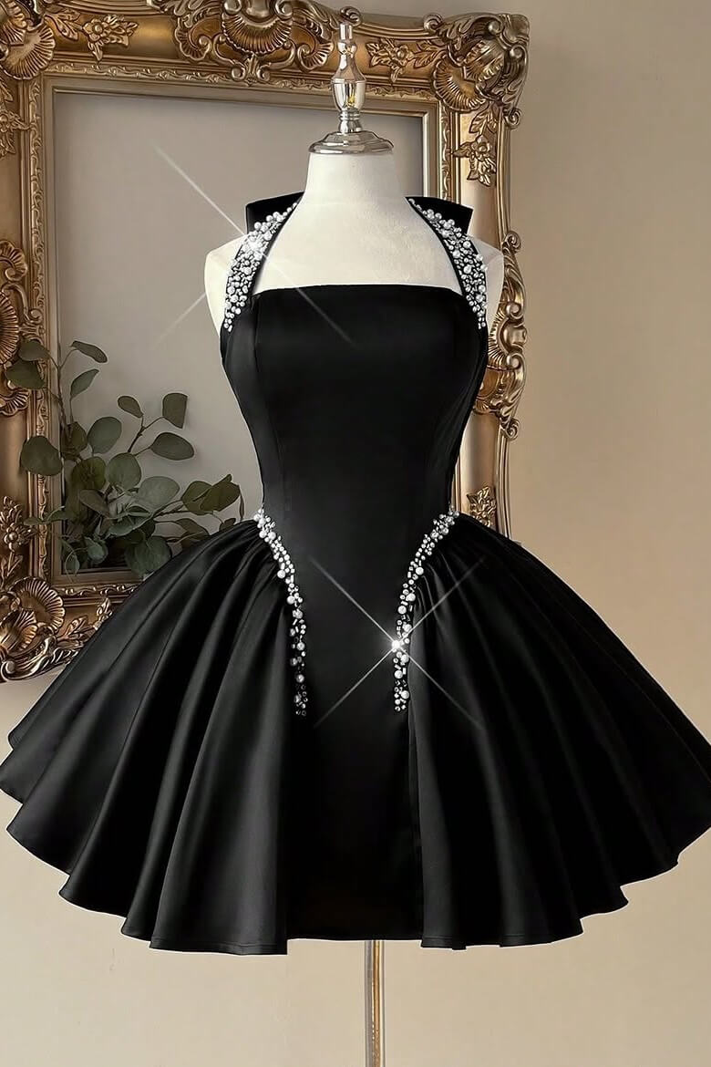 Black Halter Satin Mini Homecoming Dress Crystal Chain X-Detail & Full A-Line Skirt