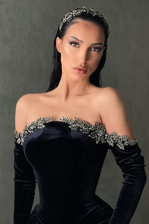 Black High-split Velvet Off-the-shoulder Mermaid Evening Prom Dresses