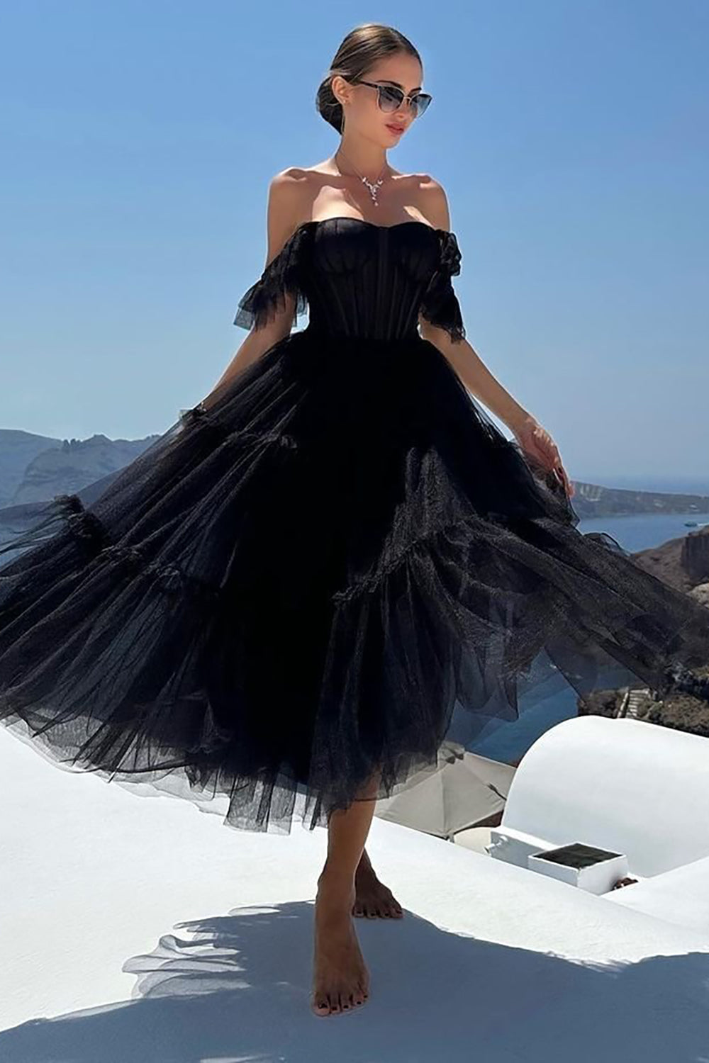 Black Homecoming Dresses A-Line Corset Ruffled Tulle Prom Dress