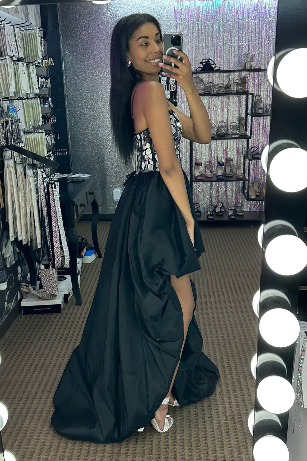 Black Homecoming Dresses High Low Satin A-Line Mirror Prom Dress