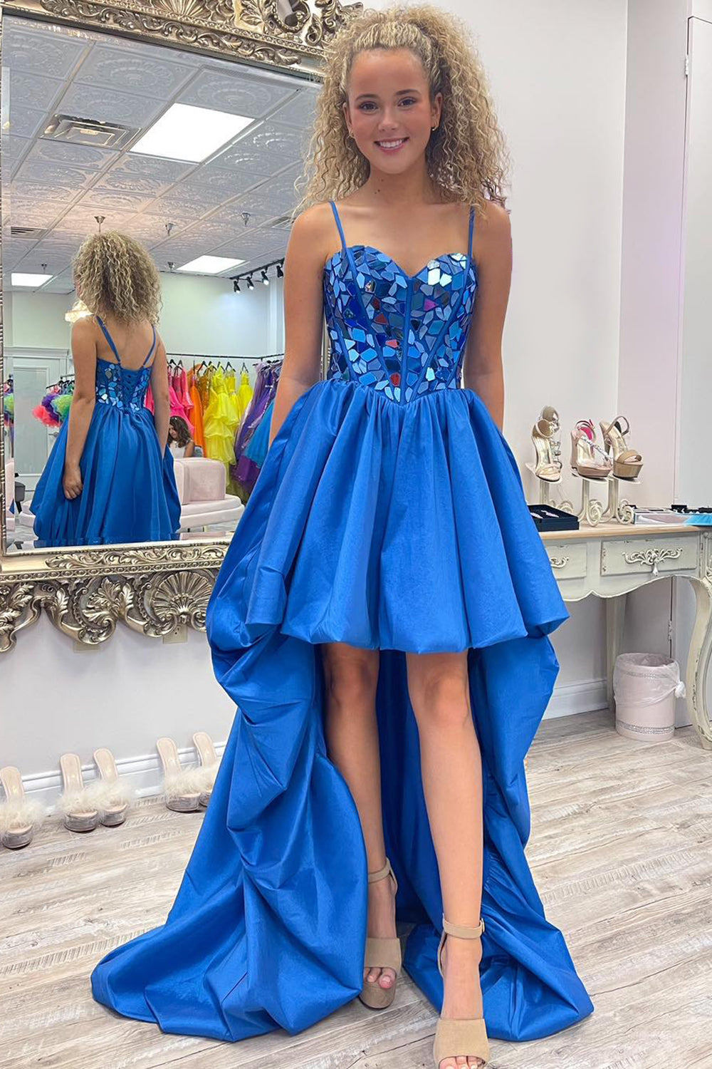 Black Homecoming Dresses High Low Satin A-Line Mirror Prom Dress