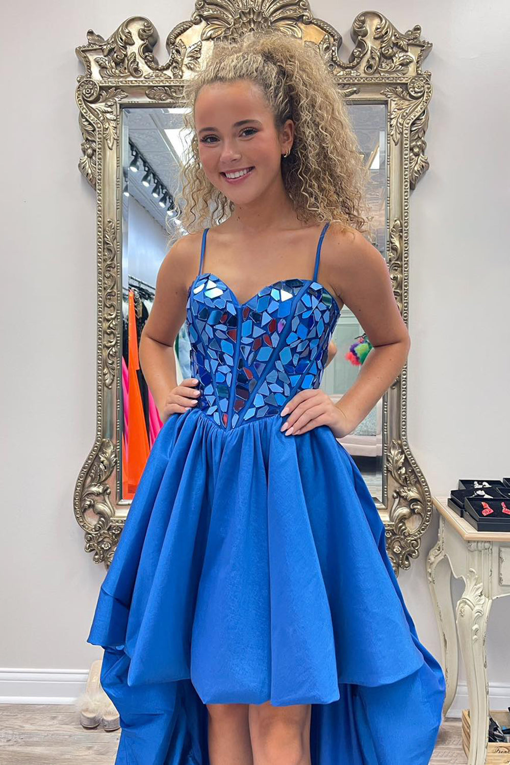 Black Homecoming Dresses High Low Satin A-Line Mirror Prom Dress