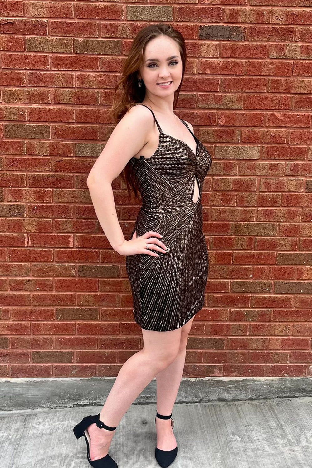 Black Homecoming Dresses Spaghetti Straps Beaded Tight Short Cocktail Dresses with Keyhole