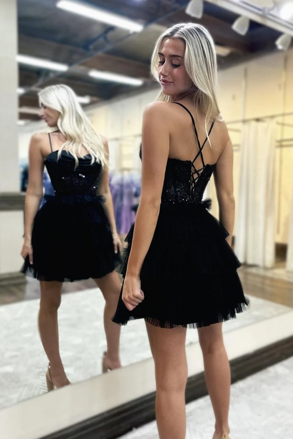 Black Homecoming Dresses Spaghetti Straps Corset Short Cocktail Dresses