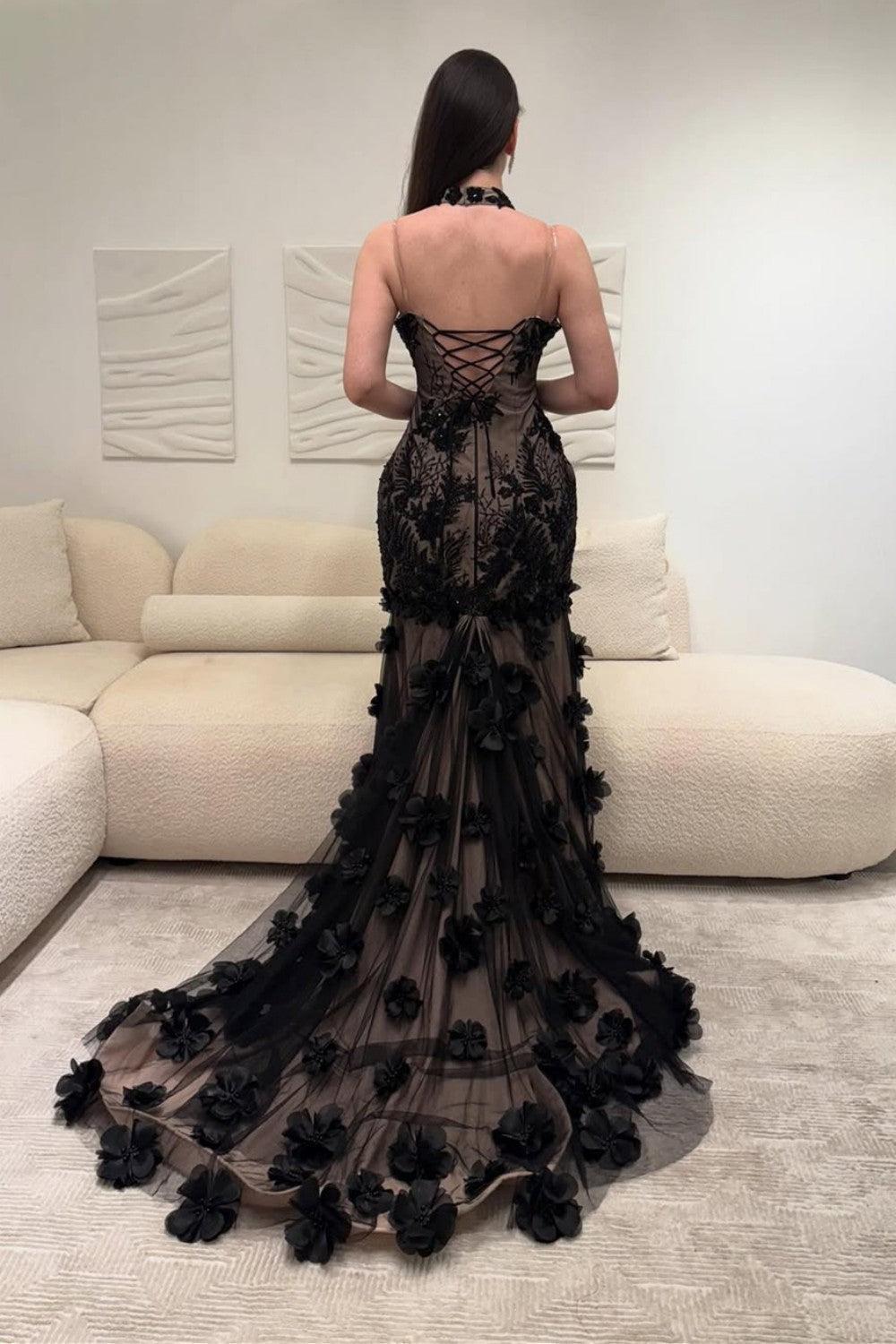 Black Illusion Floral Halter Mermaid Prom Dress With 3D Appliques Formal Evening Gown