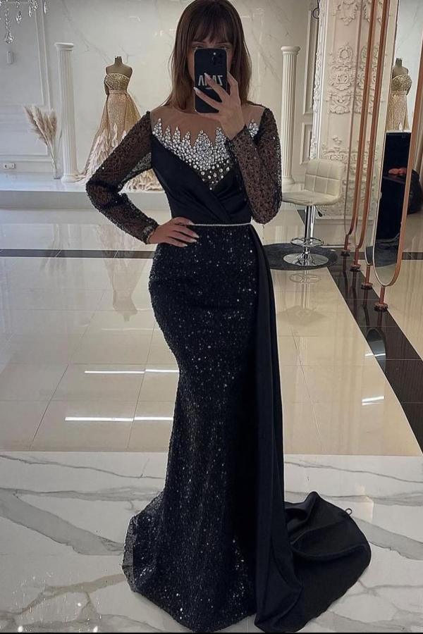 Black Long Sleeve Prom Dress Mermaid Satin Beaded Formal Dress