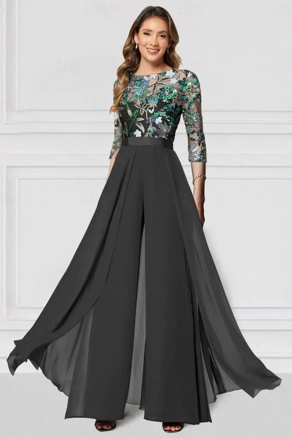 Black Mother of the Bride Pantsuit 3/4 Sleeve Wedding Guest Dress Pantsuit with Lace Appliques