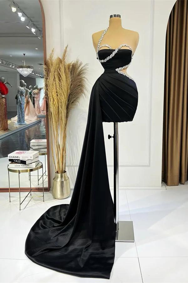 Black One Shoulder Sleeveless Short Homecoming Dress Pleated With Ruffles