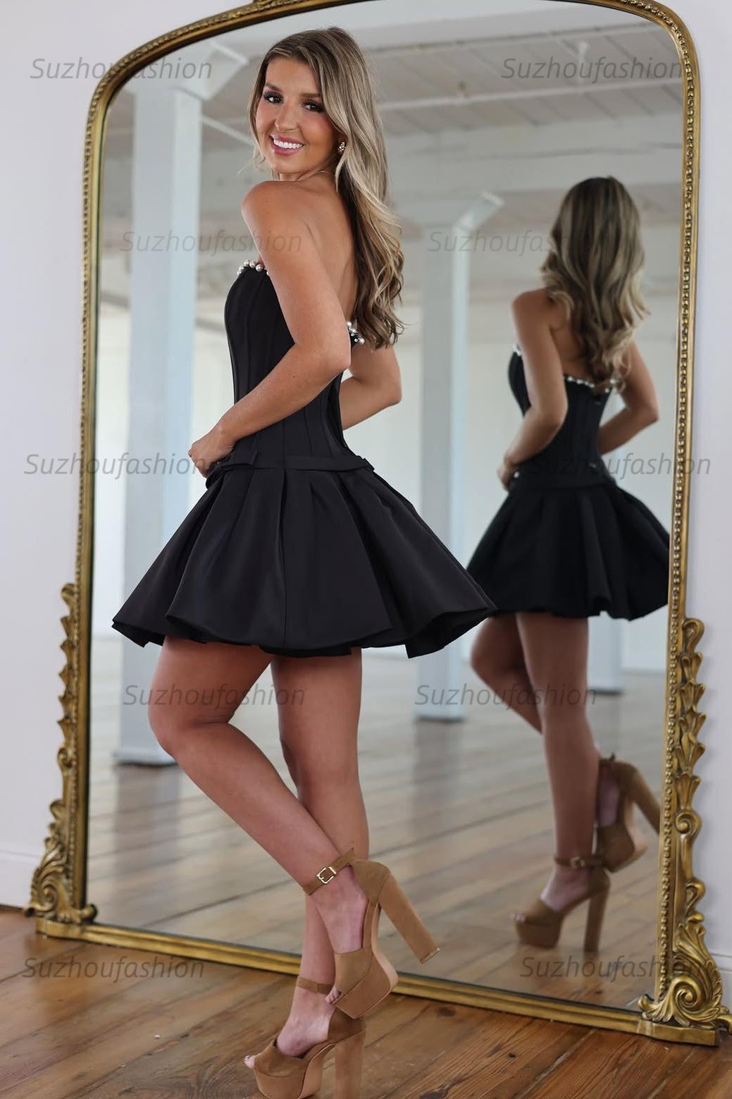 Black Pearl Strapless A-Line Mini Homecoming Dress Corset Bodice & Flared Skirt