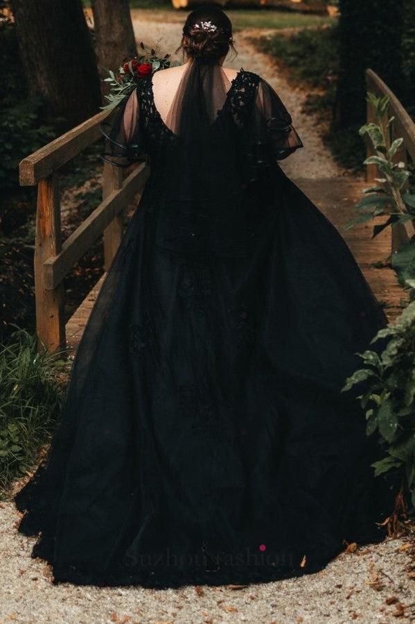 Black Plus Size Wedding Dress Short Sleeve A Line V Neck Bridal Gown with Lace Appliques