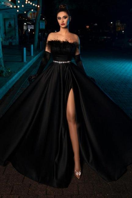 Black Prom Dress A Line Strapless Sleeveless Satin Slit Formal Dress With Feathers And Sash