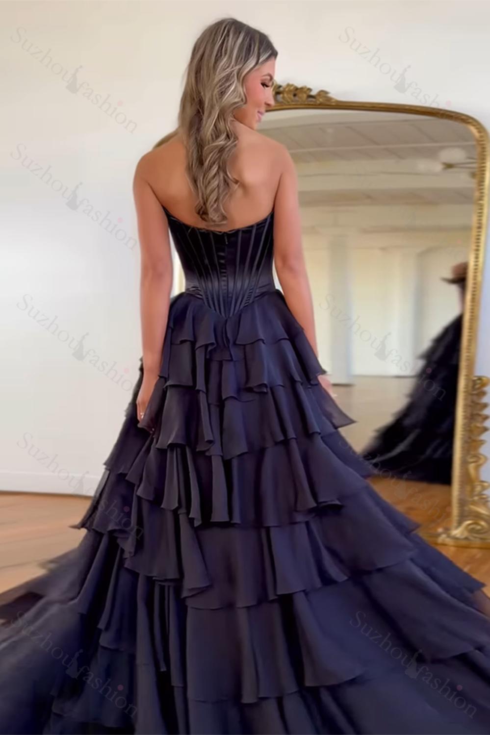Black Prom Dress A Line Sweetheart Ruffled Corset Long Formal Dress With Slit
