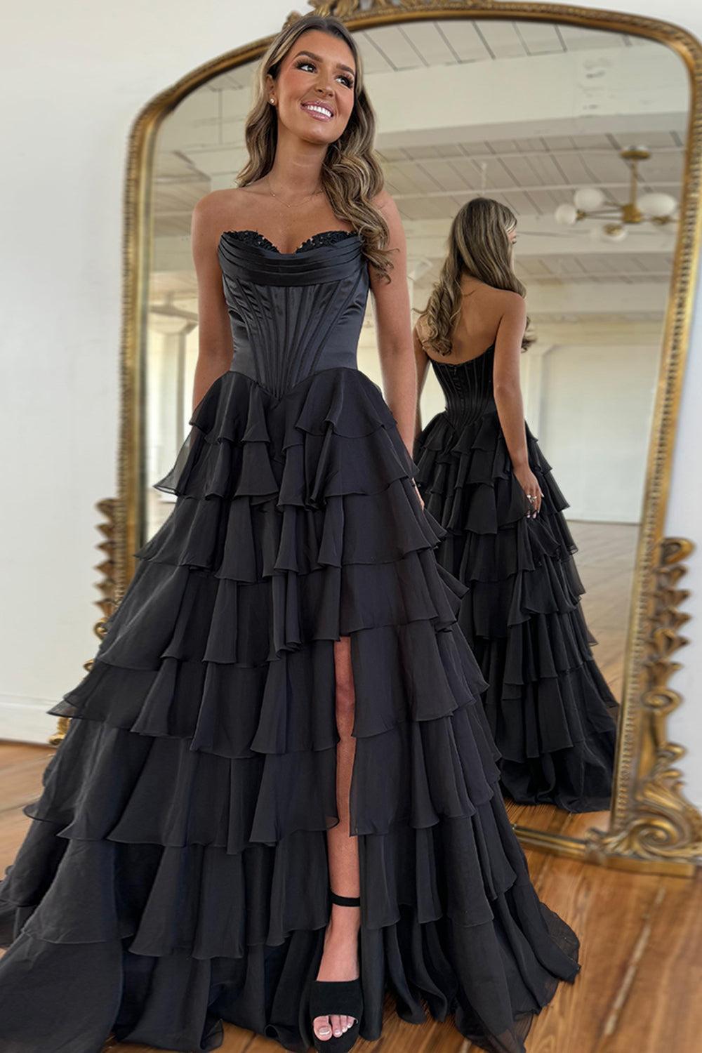 Black Prom Dress A Line Sweetheart Ruffled Corset Long Formal Dress With Slit
