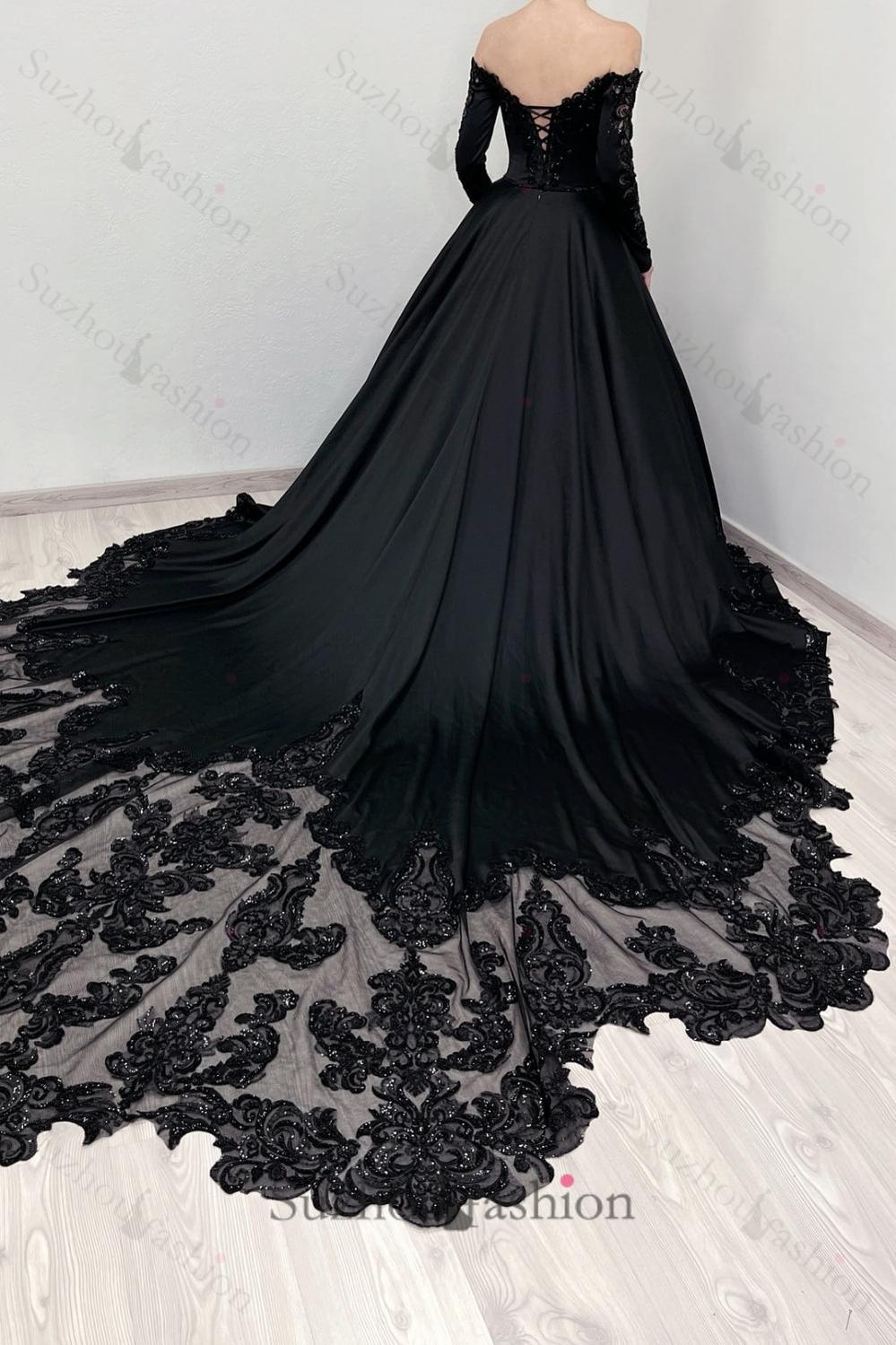 Black Prom Dress A Line V Neck Lace Off The Shoulder Beading Satin Formal Dress