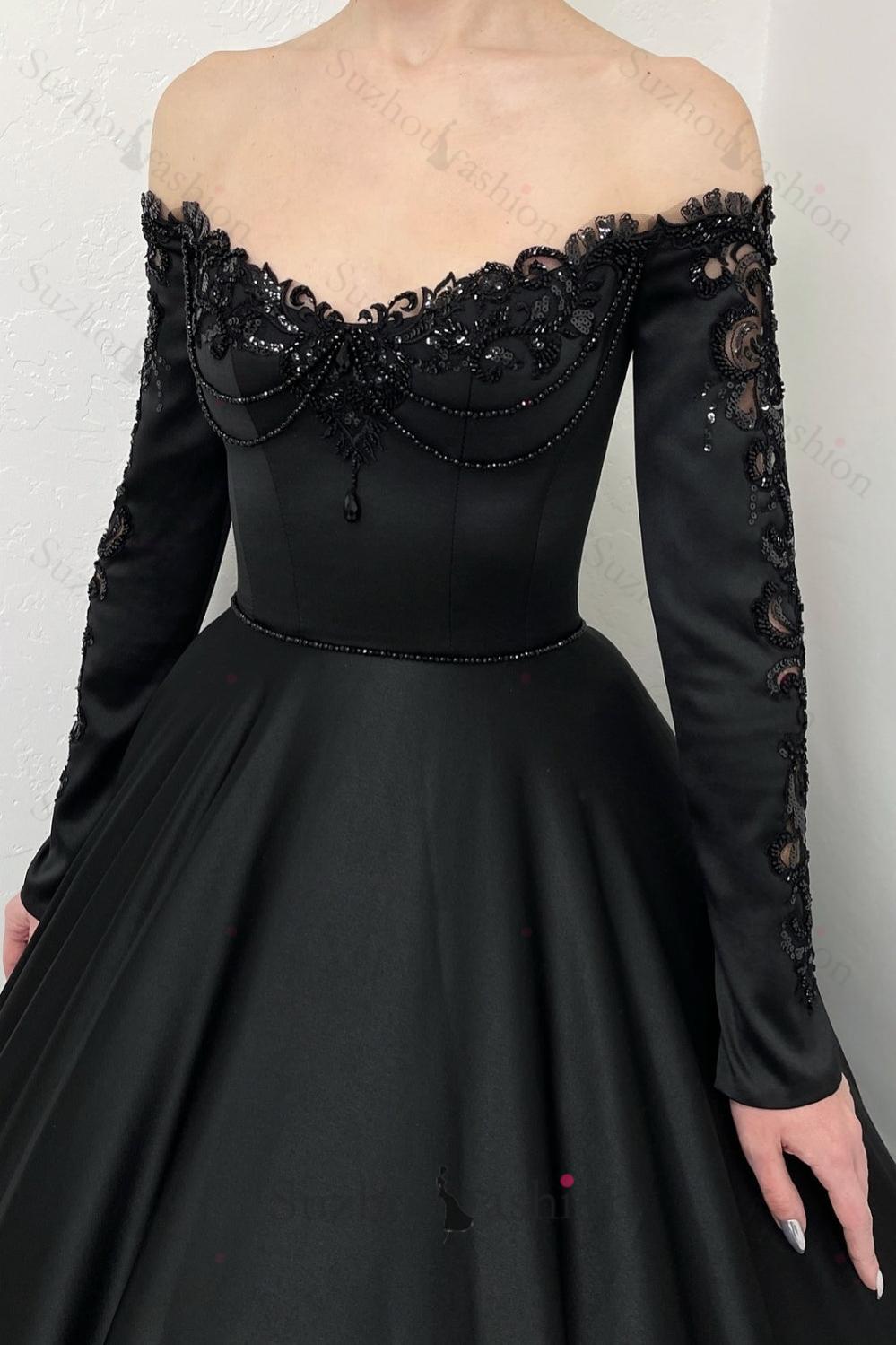 Black Prom Dress A Line V Neck Lace Off The Shoulder Beading Satin Formal Dress