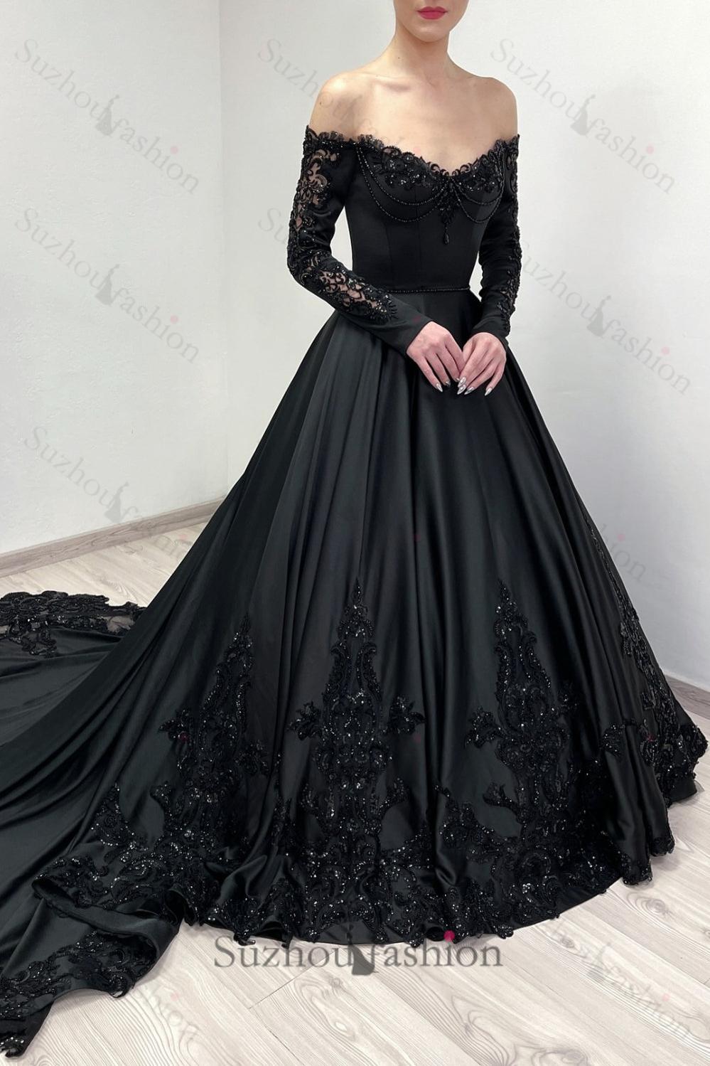 Black Prom Dress A Line V Neck Lace Off The Shoulder Beading Satin Formal Dress