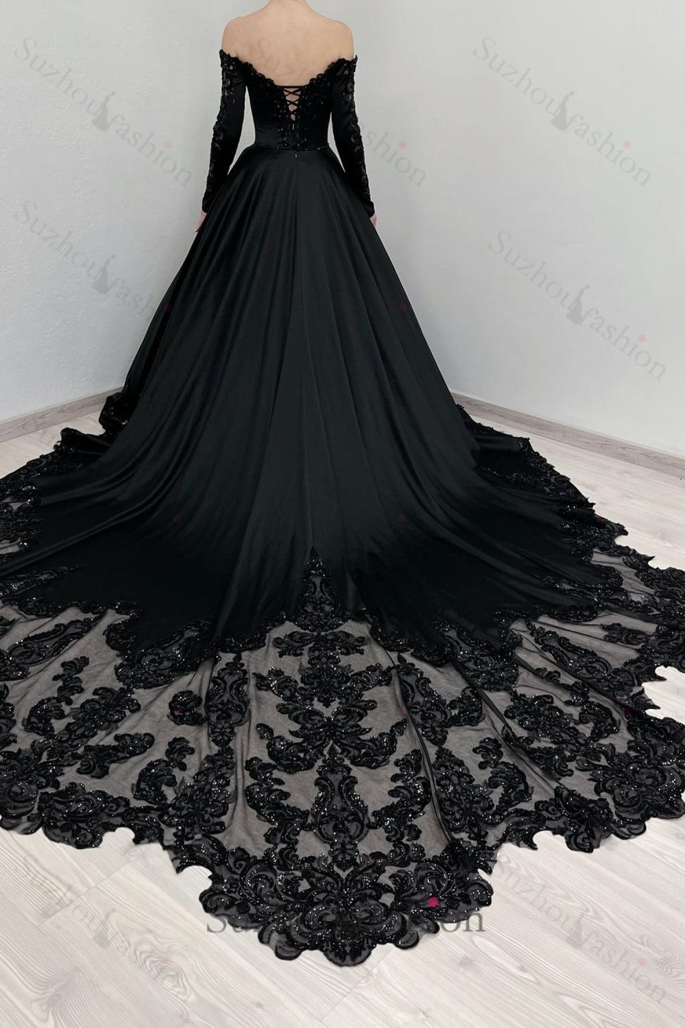 Black Prom Dress A Line V Neck Lace Off The Shoulder Beading Satin Formal Dress