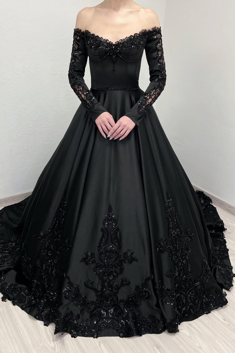 Black Prom Dress A Line V Neck Lace Off The Shoulder Beading Satin Formal Dress