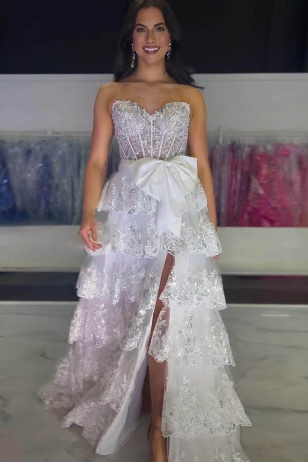 Black Prom Dress Sweetheart Ruffled Bow Long Formal Dress With Slit