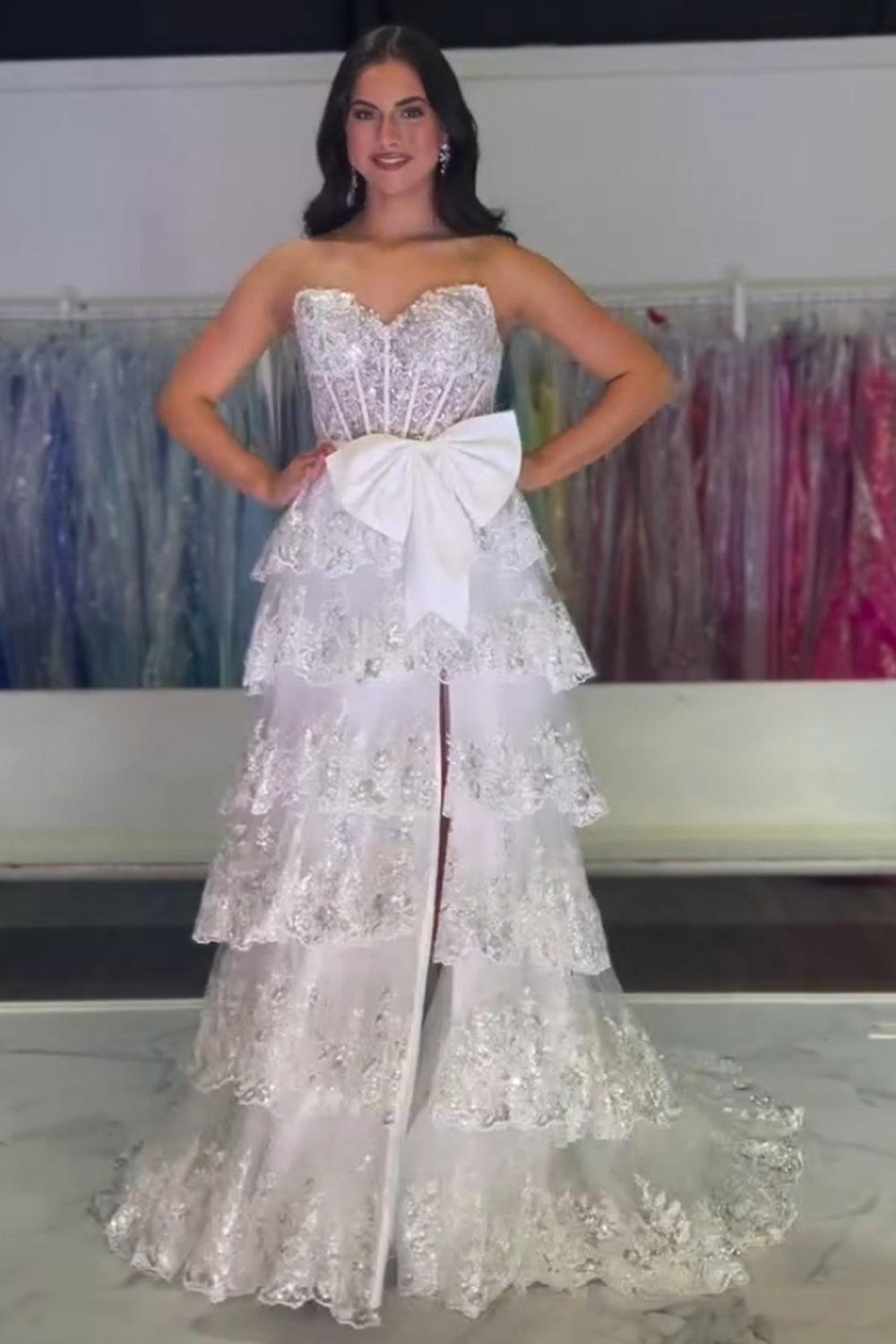 Black Prom Dress Sweetheart Ruffled Bow Long Formal Dress With Slit