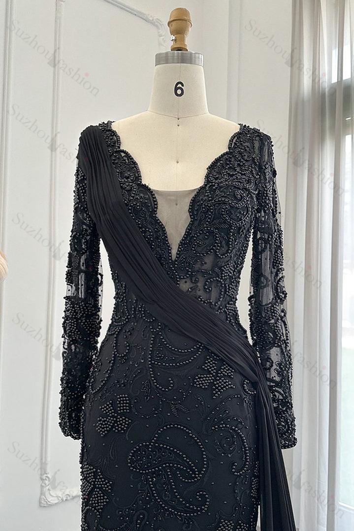 Black Prom Dress V Neck Mermaid Evening Formal Dress Long Sleeves With Appliques Ruffled
