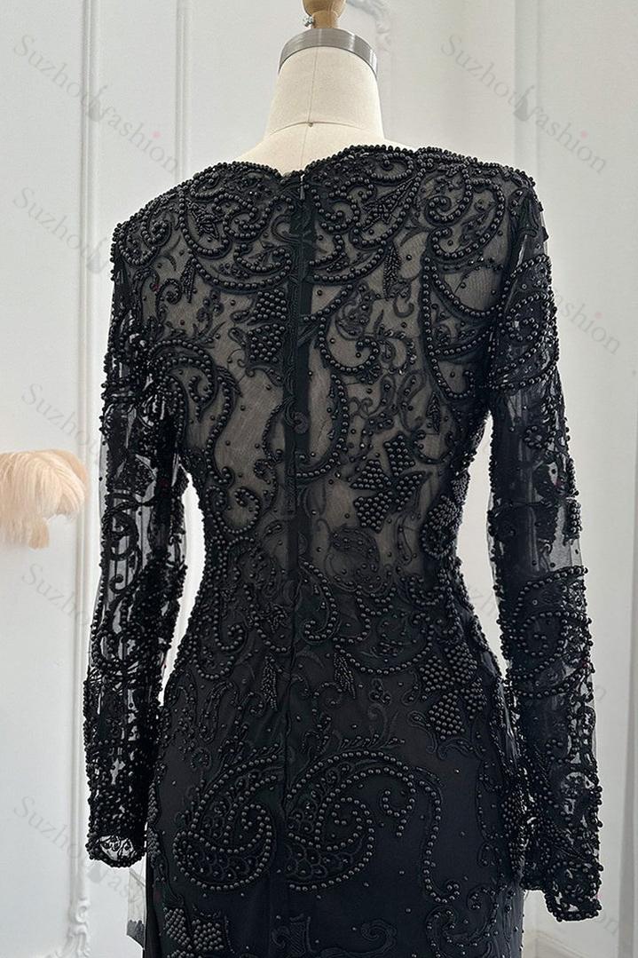 Black Prom Dress V Neck Mermaid Evening Formal Dress Long Sleeves With Appliques Ruffled