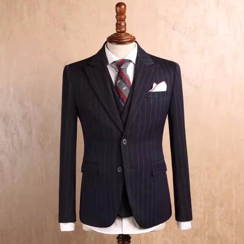 Black Striped Peaked Lapel Three Piece Business Suit
