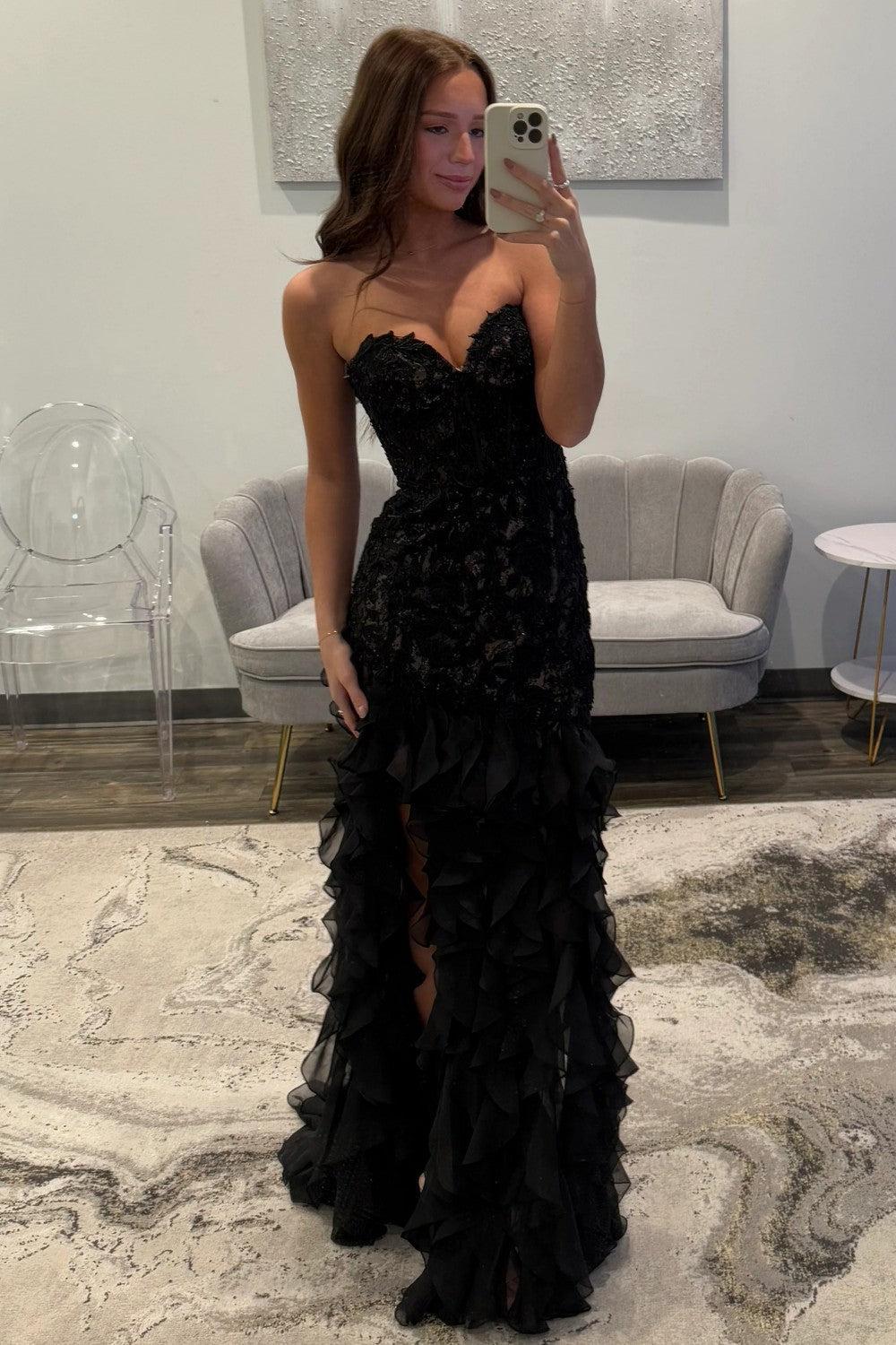 Black Sweetheart Mermaid Lace Prom Dress With Ruffle Skirt Formal Evening Gown