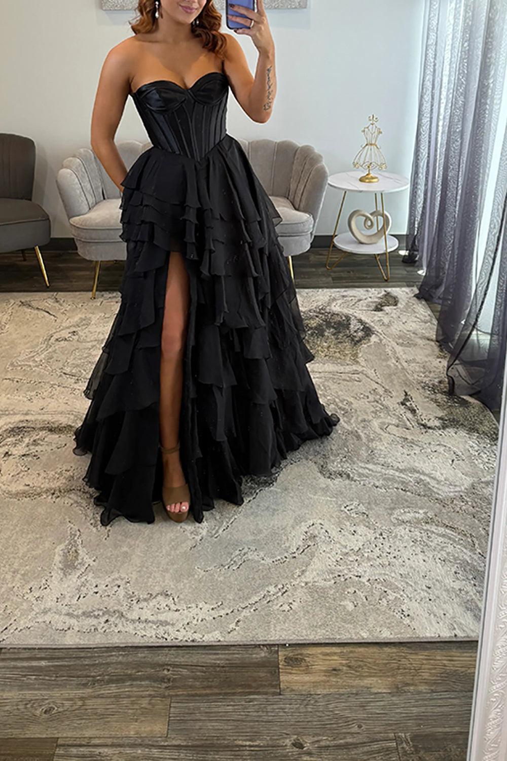 Suzhoufashion Black Sweetheart Prom Dress Corset Tiered Chiffon Long Formal Dress With Slit