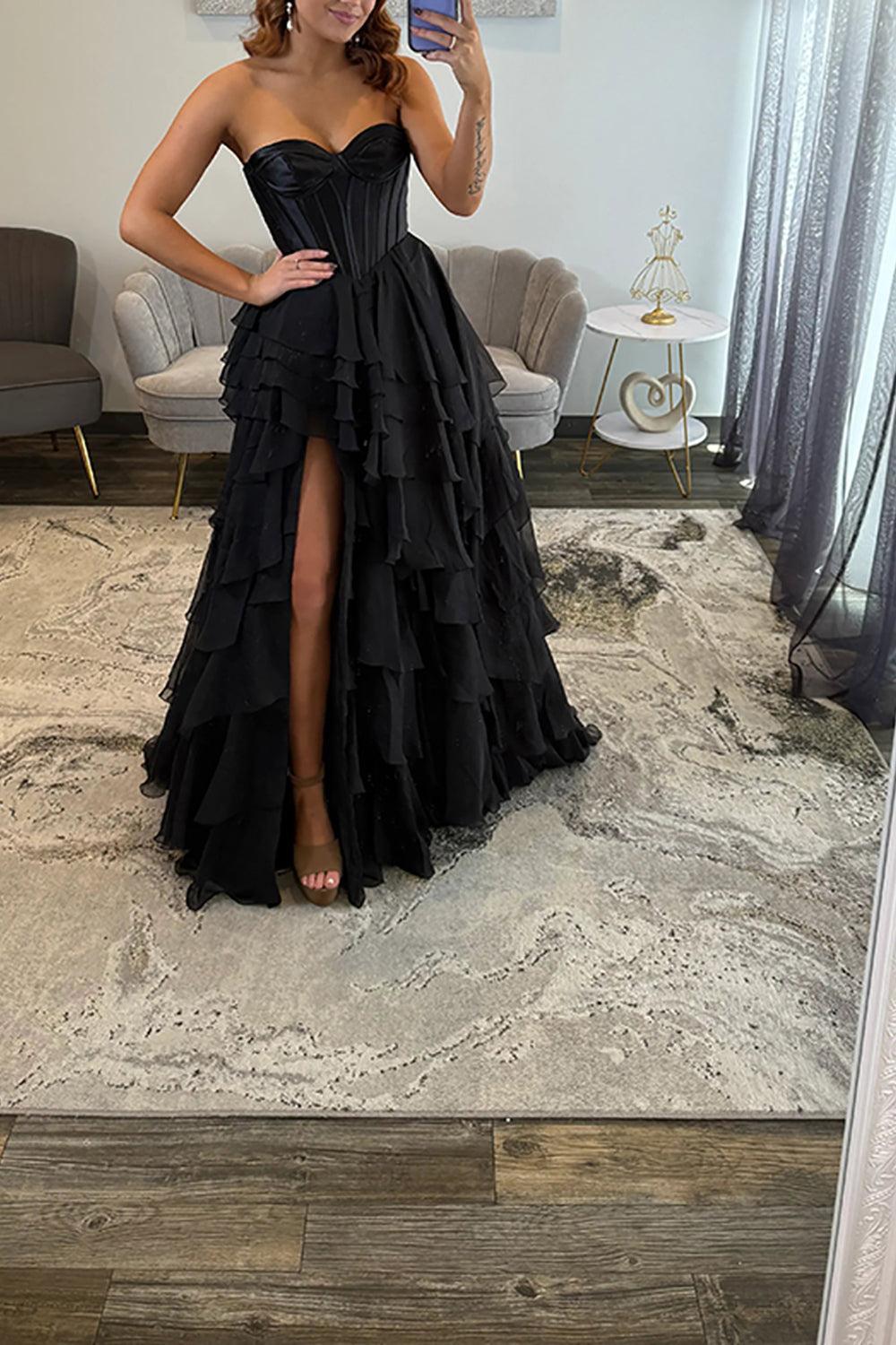 Suzhoufashion Black Sweetheart Prom Dress Corset Tiered Chiffon Long Formal Dress With Slit
