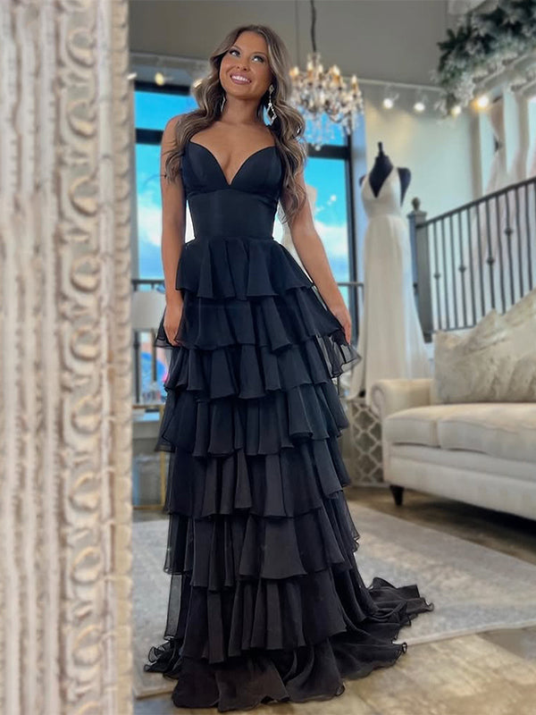 Black A-Line Spaghetti Straps Long Tierede Tulle Prom Dress With Slit - VelvetHem