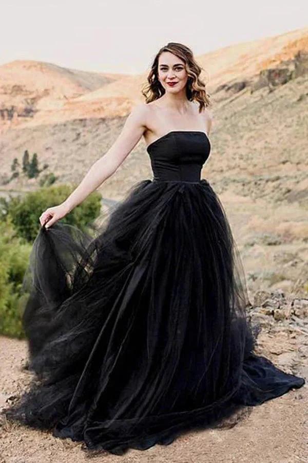Black Gothic Wedding Dresses A-Line Sleeveless With Train (ZD16121) - VelvetHem