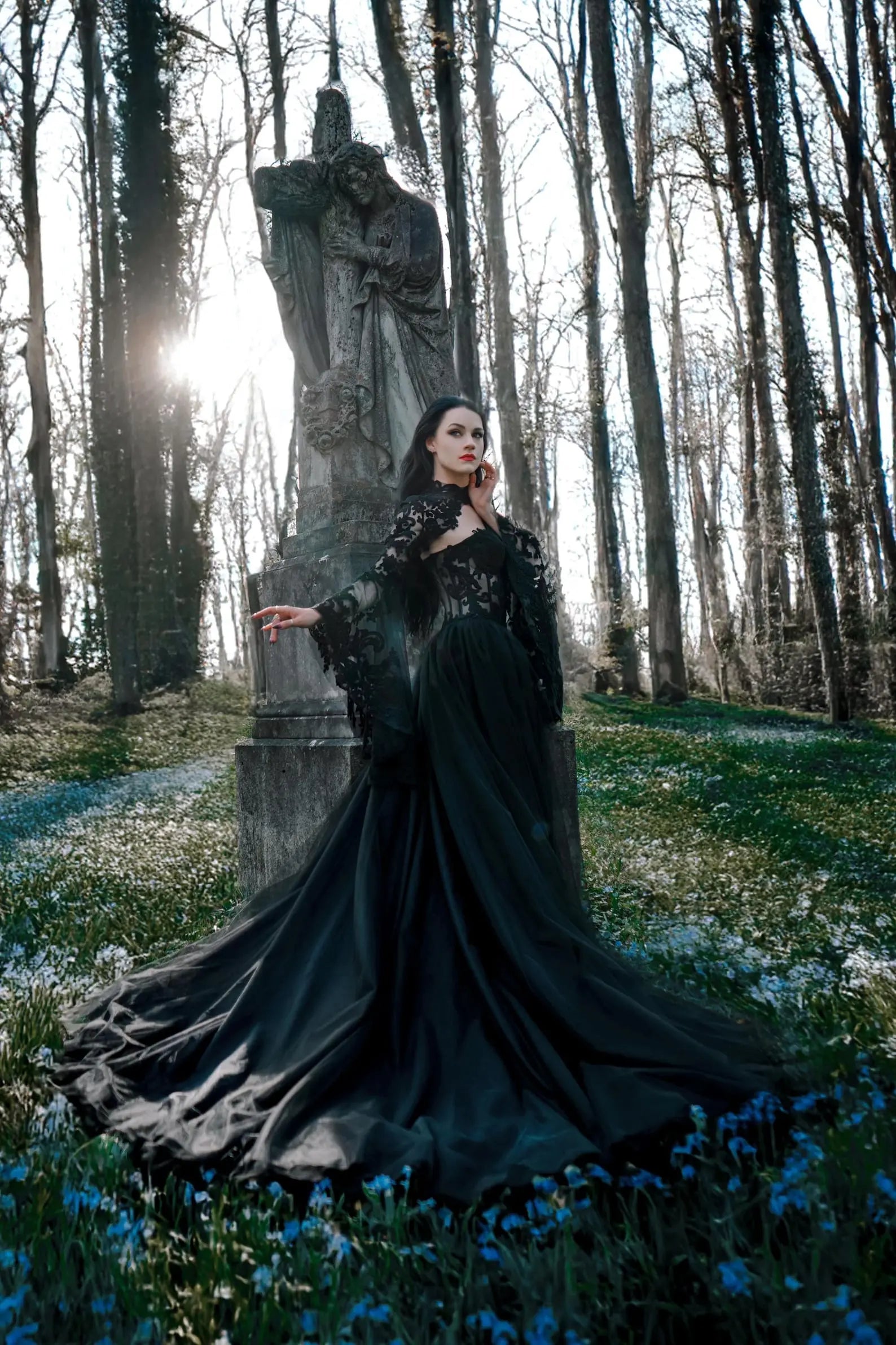 Black Luxury Gothic Wedding Dress Sheer Lace Ball Gown ZP029