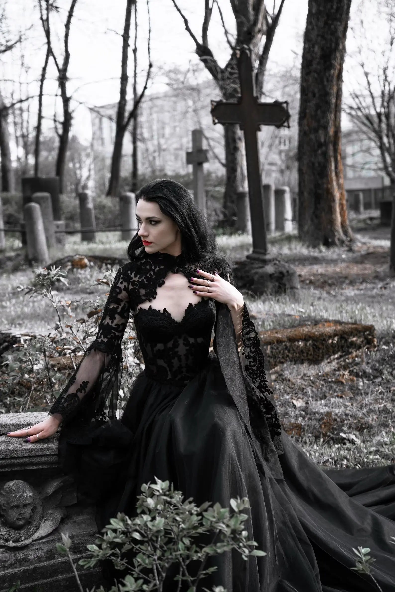 Black Luxury Gothic Wedding Dress Sheer Lace Ball Gown ZP029