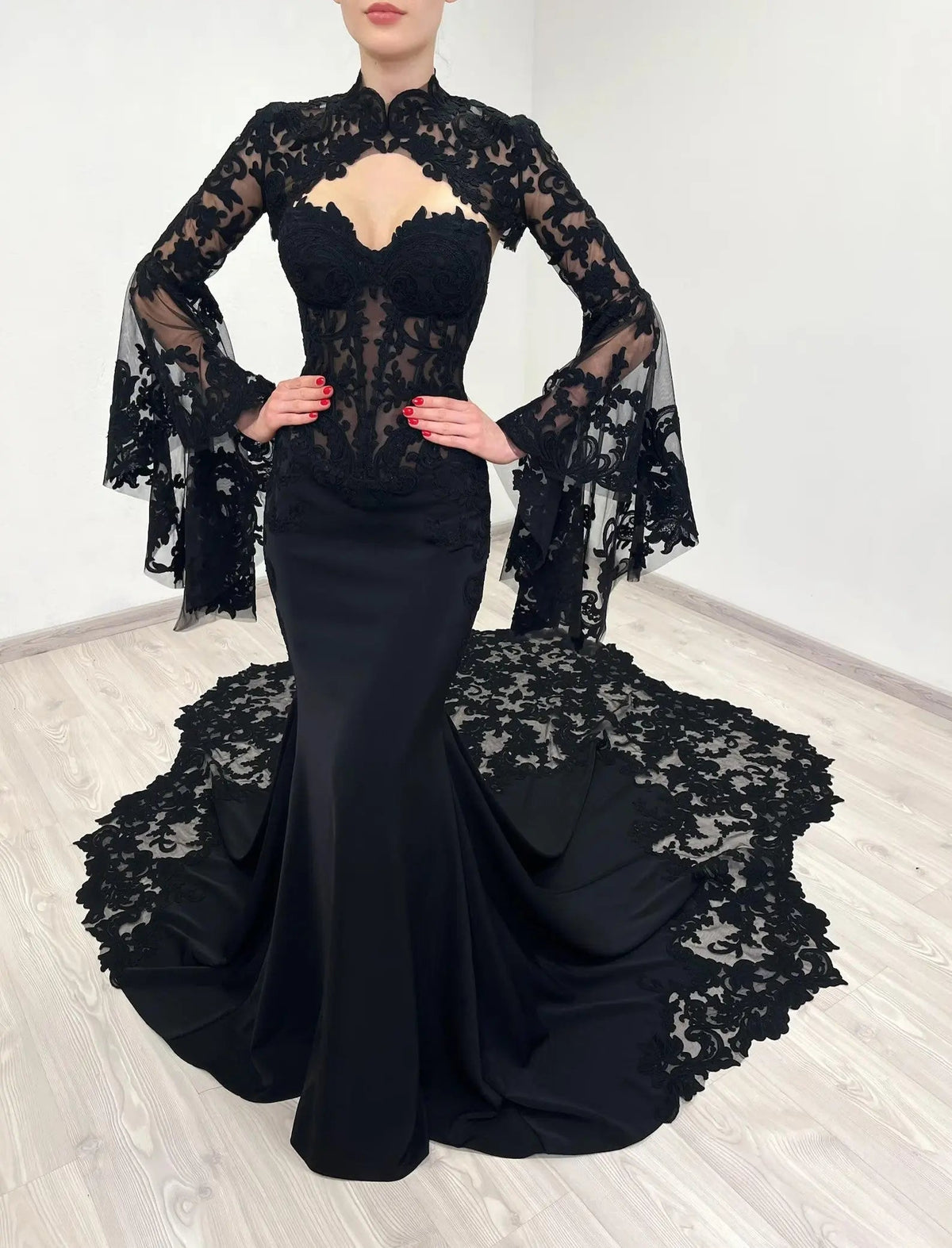 Black Luxury Gothic Wedding Dress Sheer Lace Mermaid ZP200