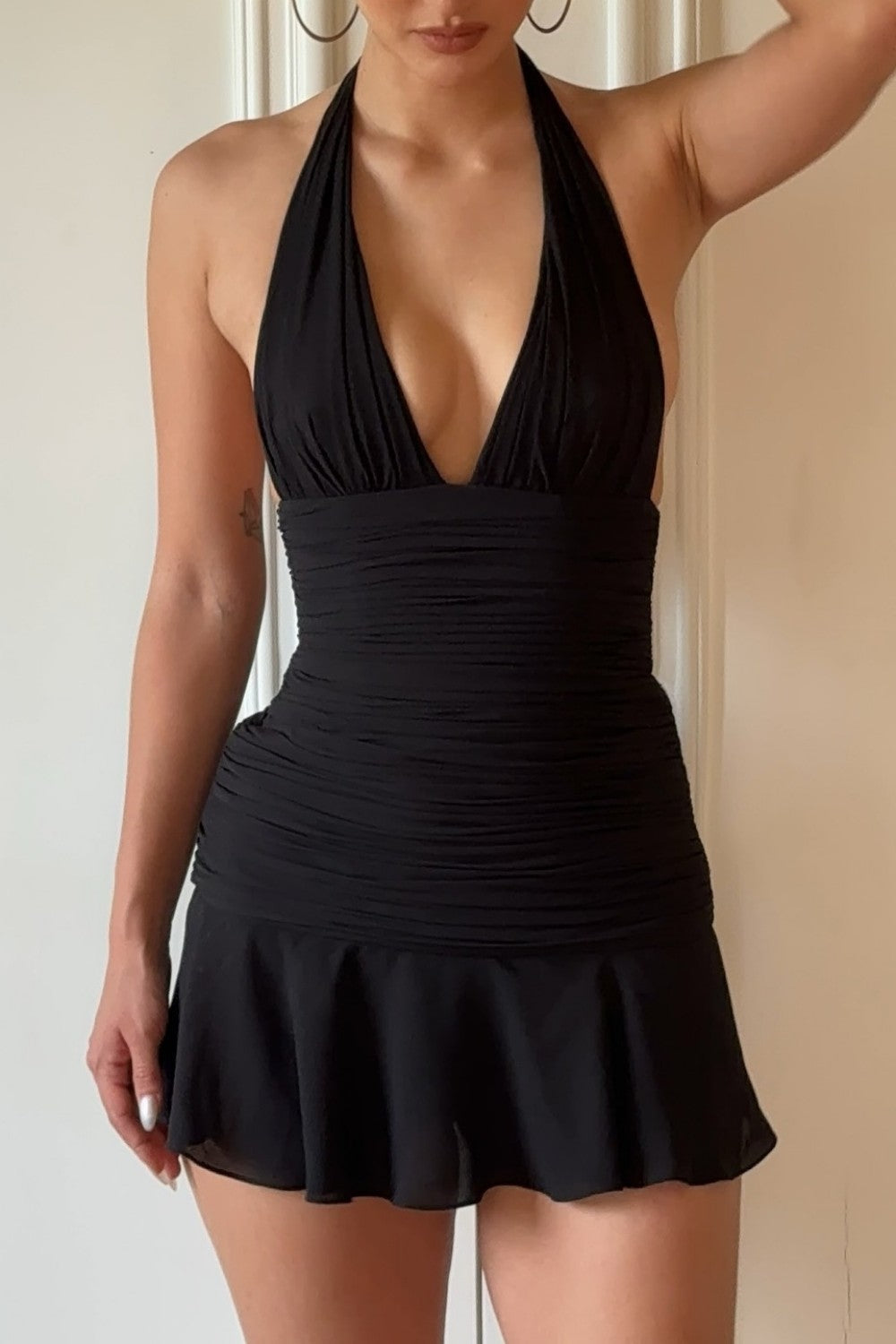 Black Halter Mini Dress Ruched Waist Flared Hem Homecoming Dress