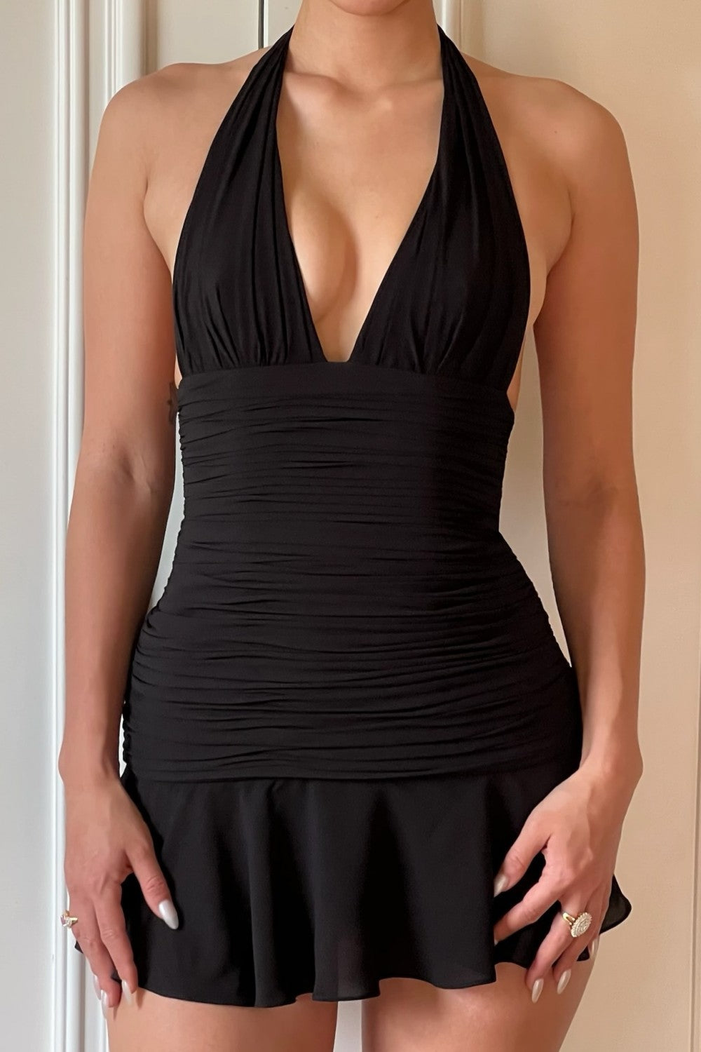Black Halter Mini Dress Ruched Waist Flared Hem Homecoming Dress