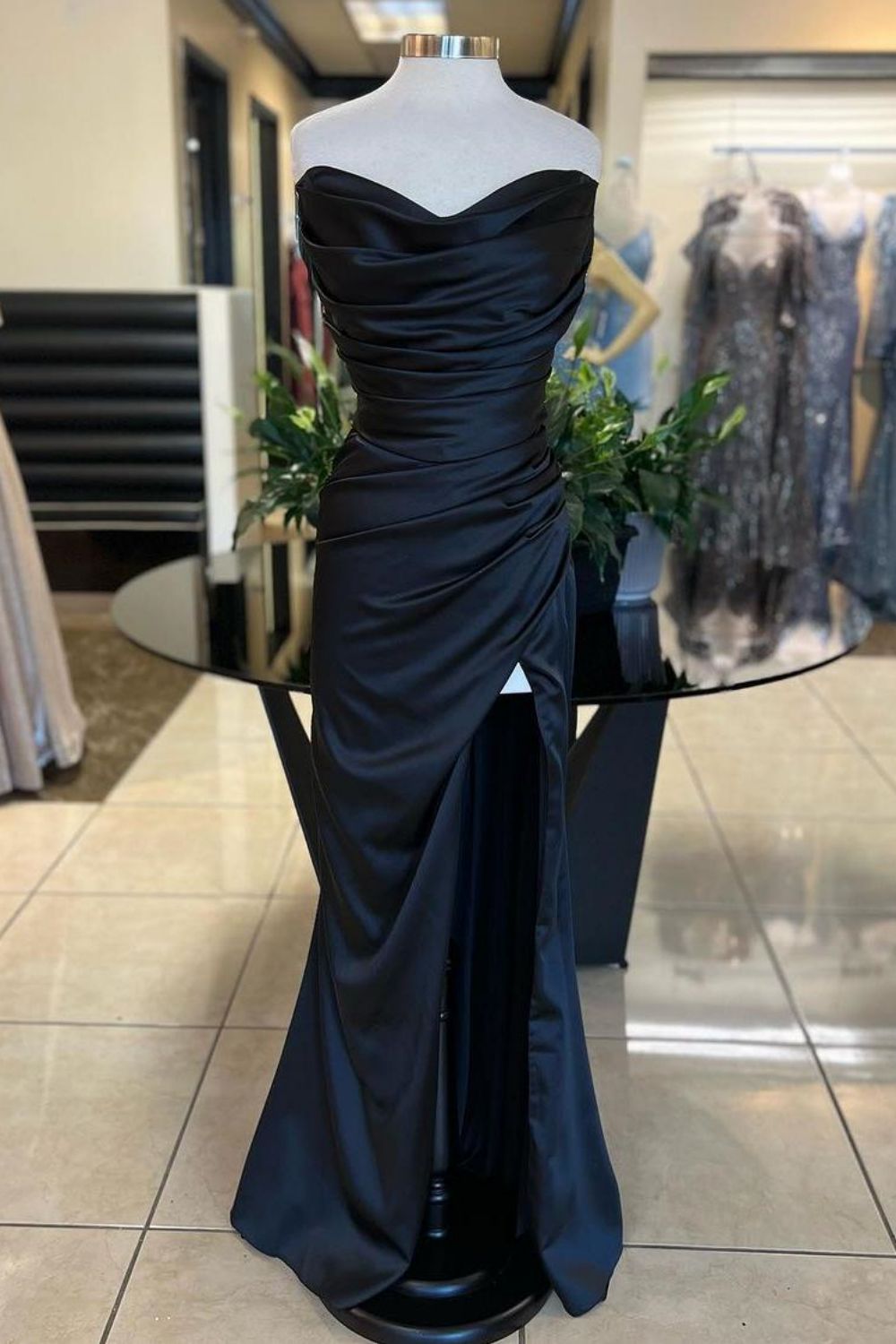Black Mermaid Strapless Long Satin Pleated Prom Dress with Slit