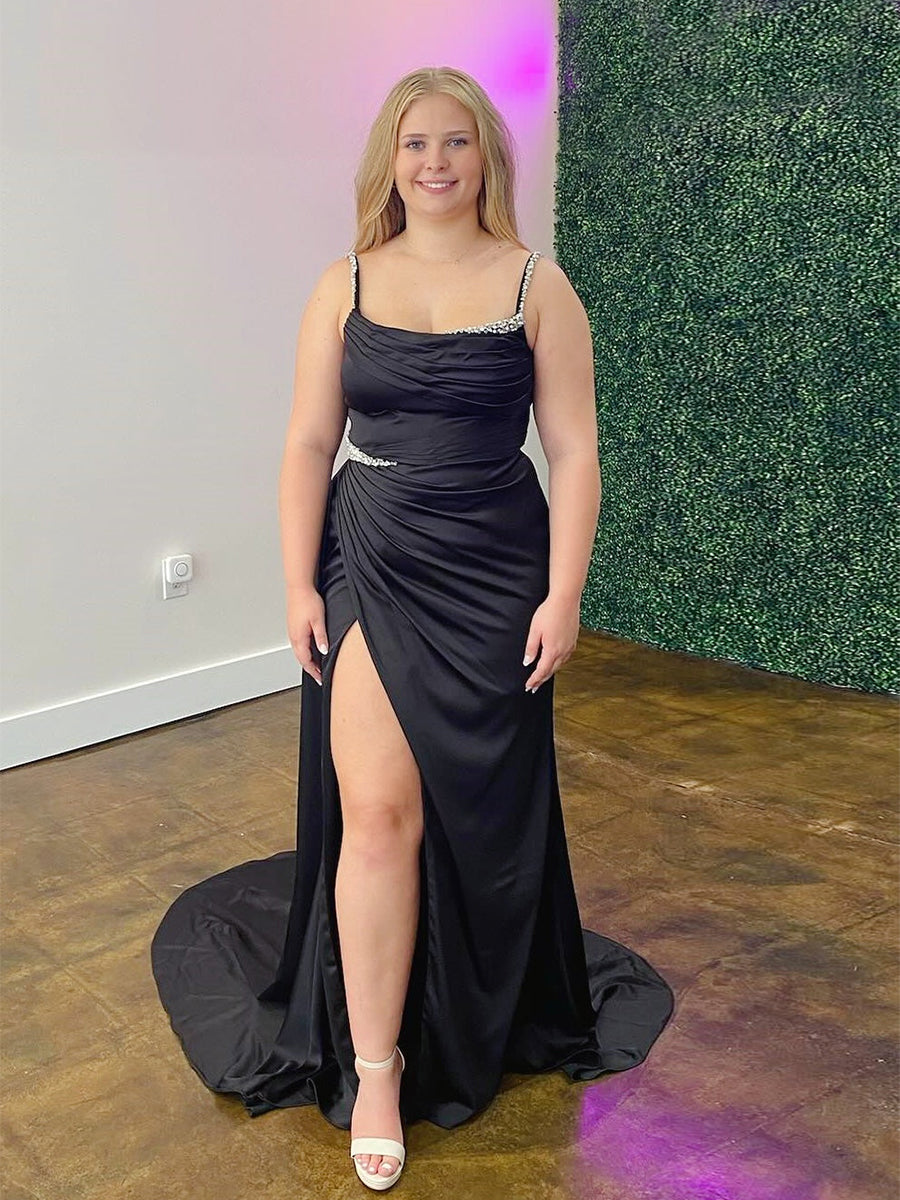 Black Satin Crystal Straps Ruched Prom Dress with Slit - VelvetHem