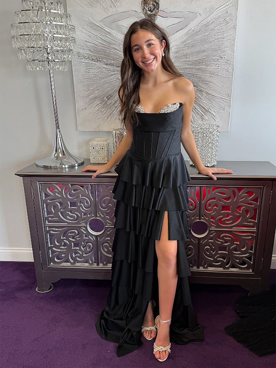 Black Strapless Tiered Ruffles Corset Prom Dress with Slit - VelvetHem