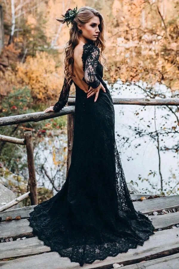 Black Sweetheart Long Sleeves Lace Backless Wedding Dresses (ZD16150)