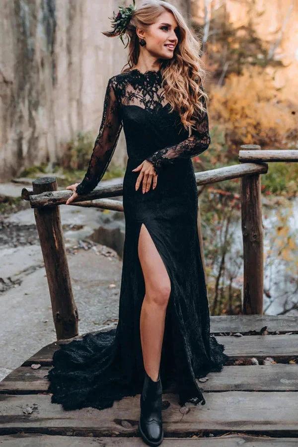 Black Sweetheart Long Sleeves Lace Backless Wedding Dresses WD673 by pgmdress