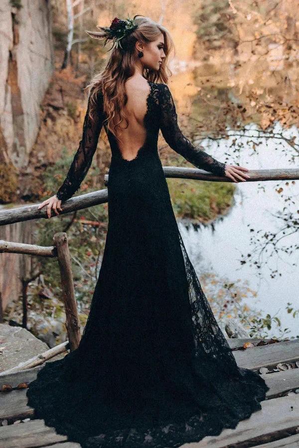 Black Sweetheart Long Sleeves Lace Backless Wedding Dresses (ZD16150)