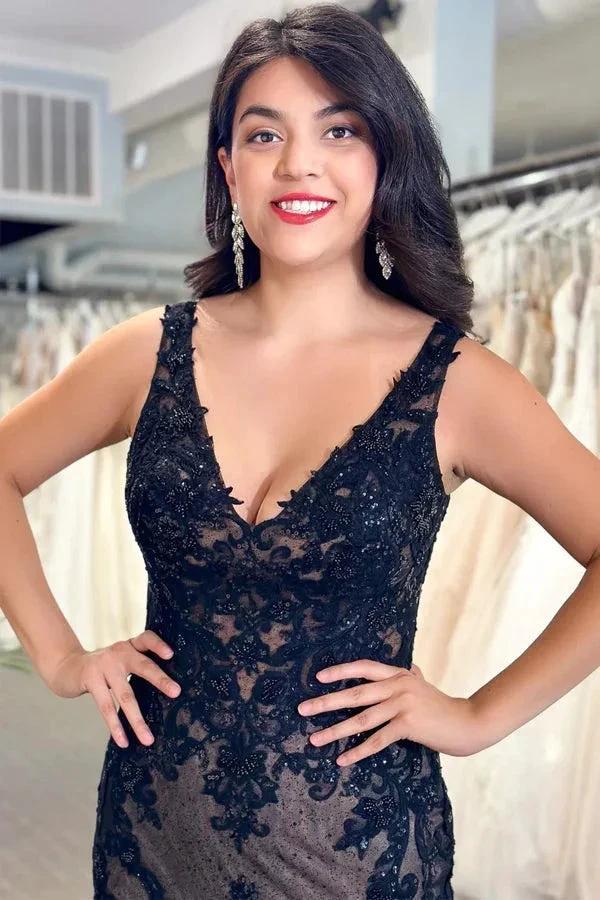 Black Tulle Appliques V-Neck Trumpet Long Wedding Dress (ZD16384)