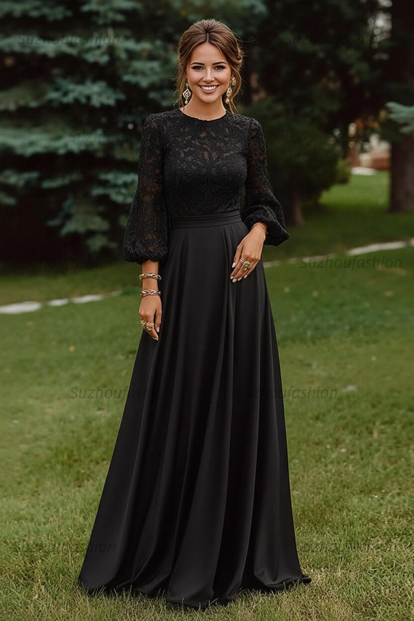 Lace Dusty Rose Puff Sleeves A Line Floor Length Mother Of The Bride Dress