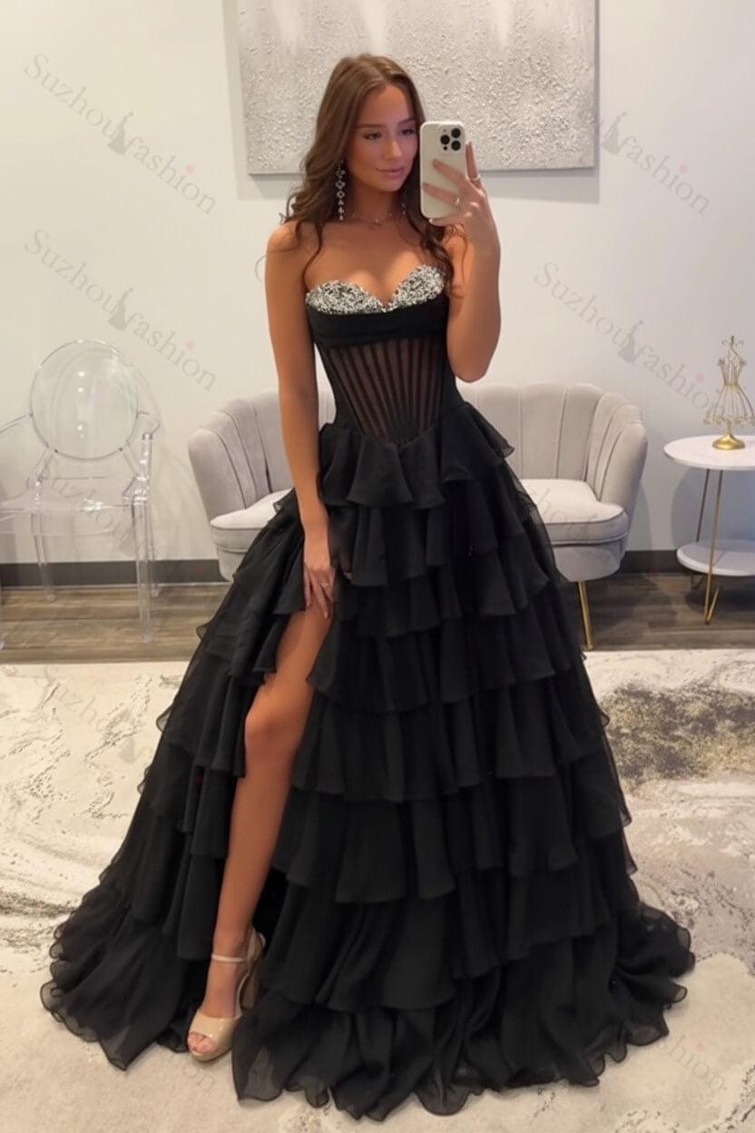 Ruffled Black Prom Dress A Line Corset Long Formal Dress With Beadings