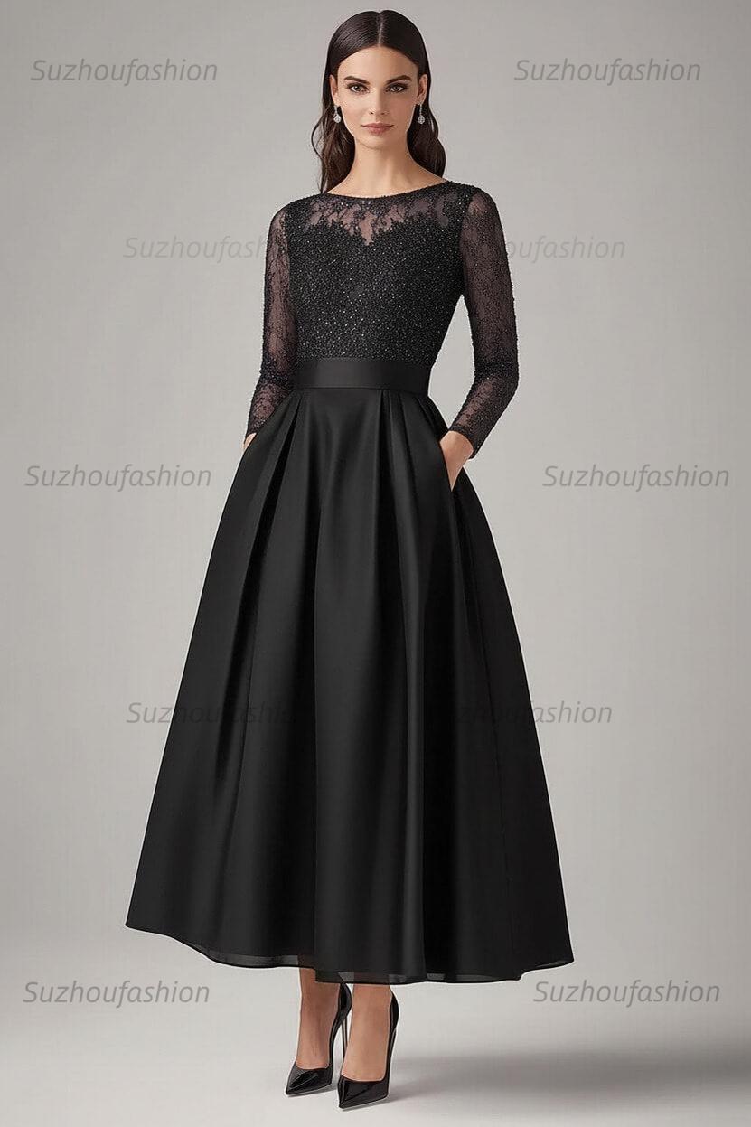Navy Wedding Guest Dress Beaded A Line Long Sleeves Formal Dress With Lace